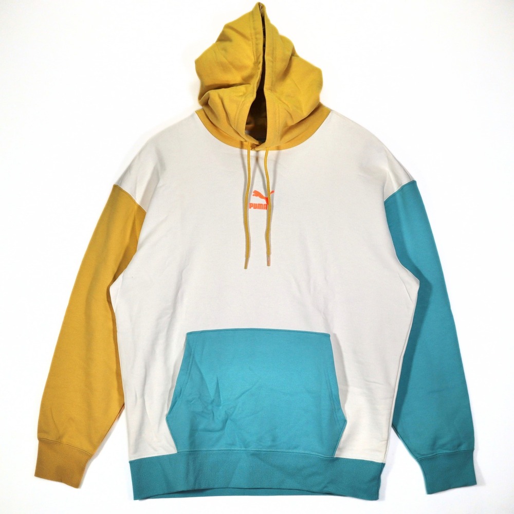 Puma Classics Block Hoodie Mens M NWT White Teal Yellow Colorblock Sportswear